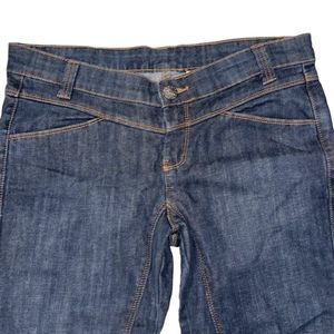 Y2K Low Rise Dark‎ Wash Contrast Gold Stitched Cool Straight Denim Jeans SZ 8